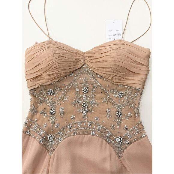 Basix II Nude Illusion Peach Silk Chiffon Beaded Jeweled Maxi Evening Gown 2 NWT - Picture 10 of 12